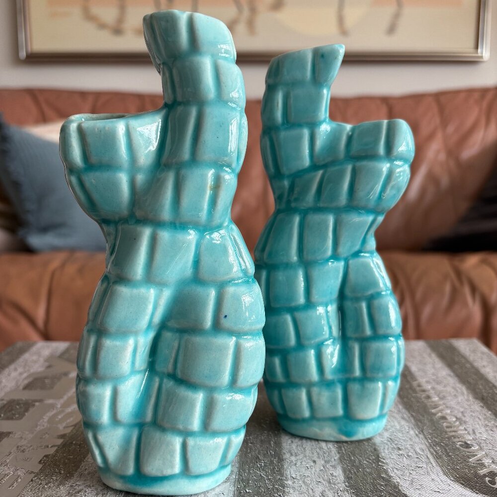 Vintage Pair of Turquoise Glazed Coral Vases